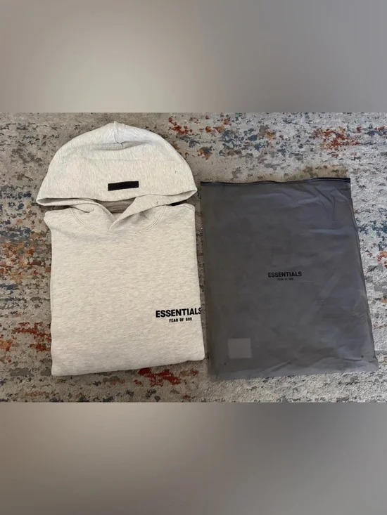 Essentials Men's Heather Oatmeal Hoodie with Minimal Logo - Picture 5 of 5